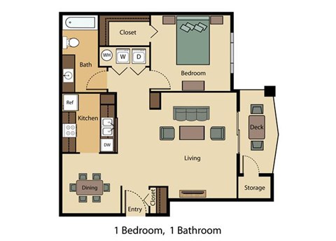 Floor plan for 1 bed, 1 bath, 725 sqft