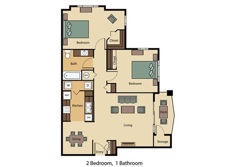 Floor plan for 2 beds, 1 bath, 972 sqft