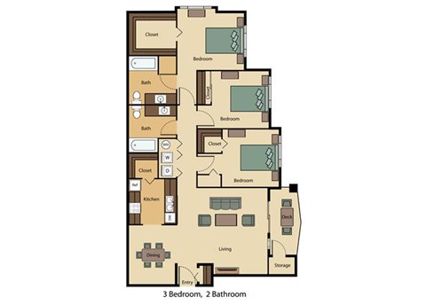 Floor plan for 3 beds, 2 baths, 1278 sqft