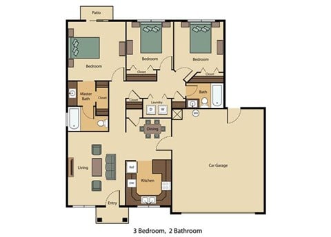 Floor plan for 3 beds, 2 baths, 1105 sqft
