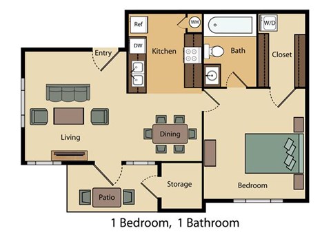 Floor plan for 1 bed, 1 bath, 587 sqft