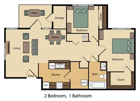 Floor plan for 2 beds, 1 bath, 865 sqft
