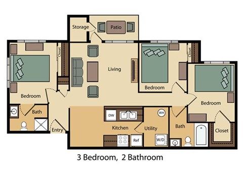 Floor plan for 3 beds, 2 baths, 1008 sqft