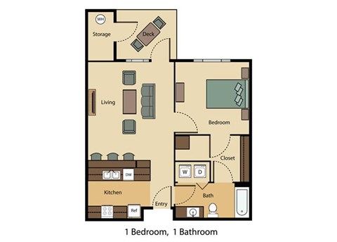 Floor plan for 1 bed, 1 bath, 651 sqft