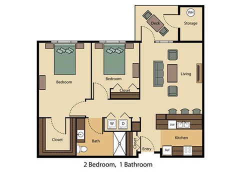 Floor plan for 2 beds, 1 bath, 852 sqft