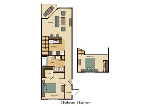 Floor plan for 2 beds, 1 bath, 815 sqft