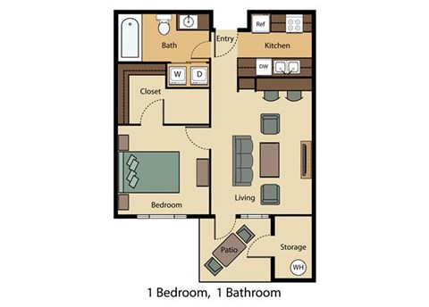 Floor plan for 1 bed, 1 bath, 654 sqft