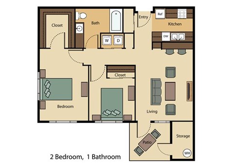 Floor plan for 2 beds, 1 bath, 905 sqft