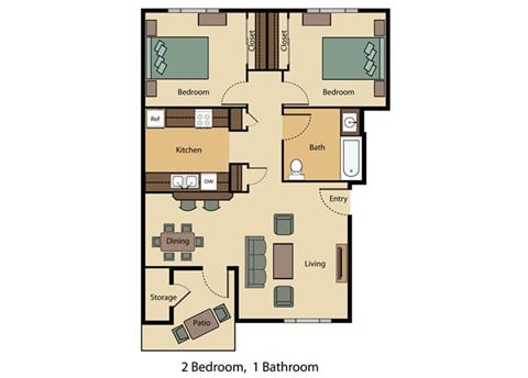 Floor plan for 2 beds, 1 bath, 847 sqft