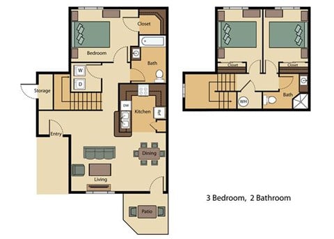 Floor plan for 3 beds, 2 baths, 1077 sqft