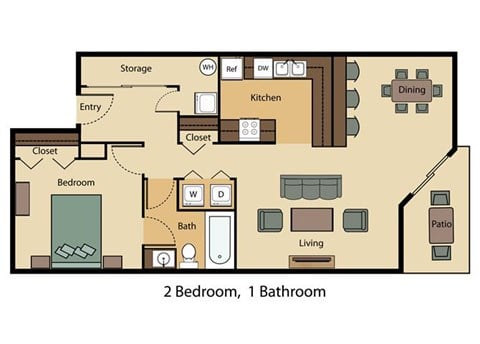 Floor plan for 1 bed, 1 bath, 748 sqft