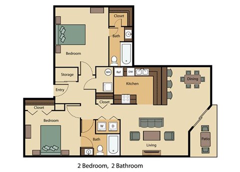 Floor plan for 2 beds, 2 baths, 977 sqft