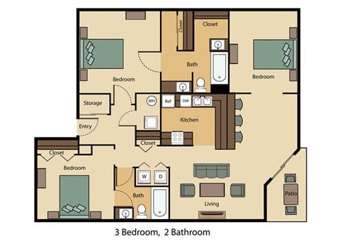 Floor plan for 3 beds, 2 baths, 1327 sqft