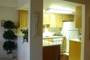 Boise apartment for rent - two pictures of a kitchen with wood cabinets and a plant