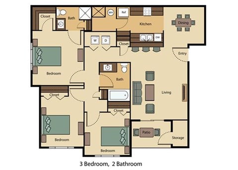 Floor plan for 3 beds, 2 baths, 1085 sqft