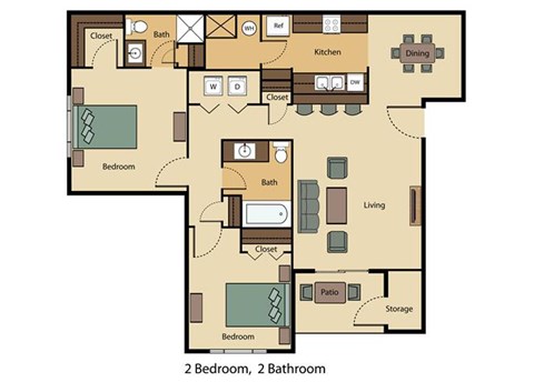 Floor plan for 2 beds, 2 baths, 894 sqft