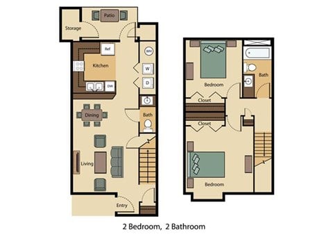 Floor plan for 2 beds, 1.5 baths, 894 sqft