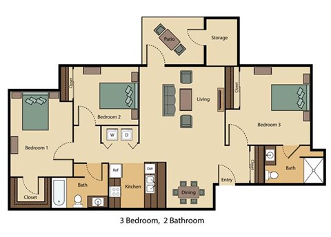 Floor plan for 3 beds, 2 baths, 1116 sqft