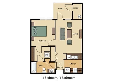 Floor plan for 1 bed, 1 bath, 651 sqft