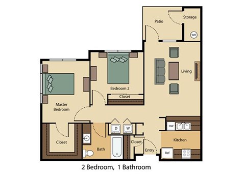 Floor plan for 2 beds, 1 bath, 858 sqft