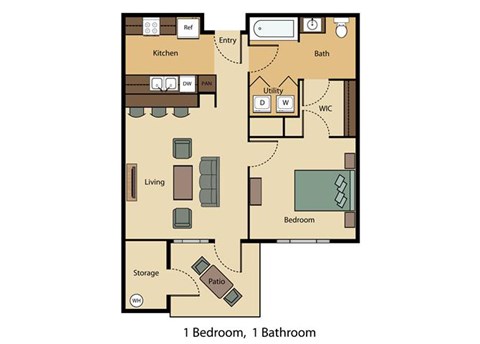 Floor plan for 1 bed, 1 bath, 654 sqft
