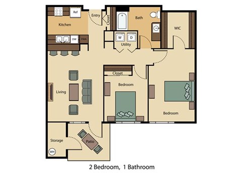 Floor plan for 2 beds, 1 bath, 905 sqft