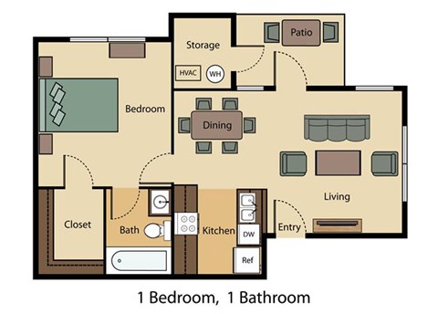 Floor plan for 1 bed, 1 bath, 574 sqft