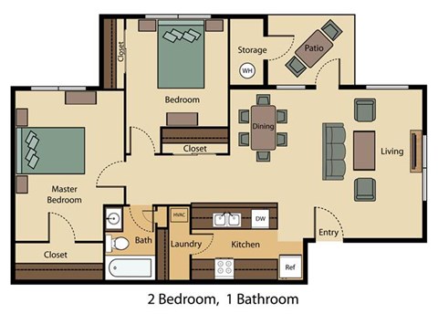 Floor plan for 2 beds, 1 bath, 893 sqft