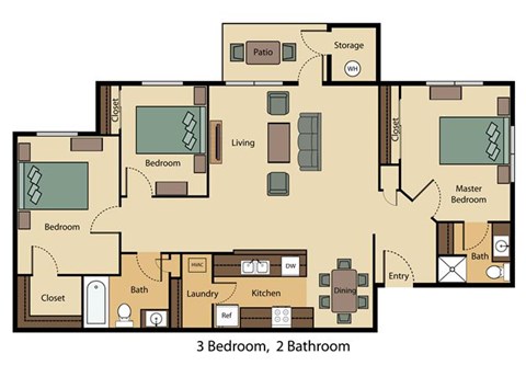Floor plan for 3 beds, 2 baths, 1135 sqft