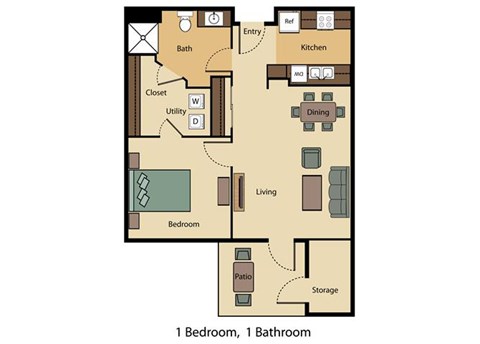 Floor plan for 1 bed, 1 bath, 653 sqft