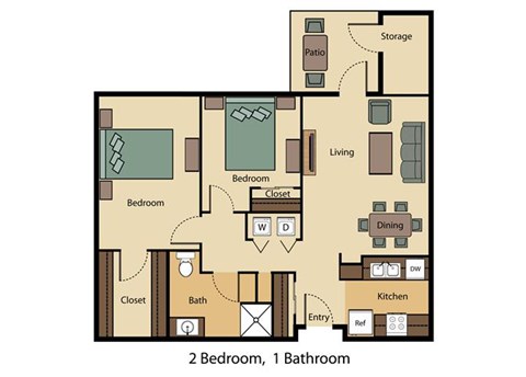 Floor plan for 2 beds, 1 bath, 896 sqft