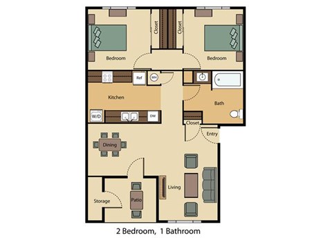 Floor plan for 2 beds, 1 bath, 896 sqft