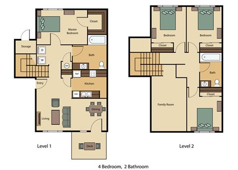 Floor plan for 4 beds, 2 baths, 1364 sqft