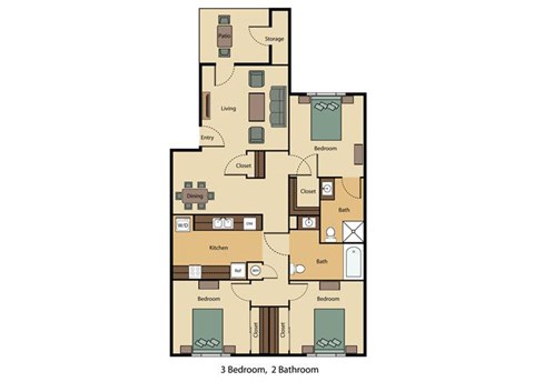 Floor plan for 3 beds, 2 baths, 1086 sqft