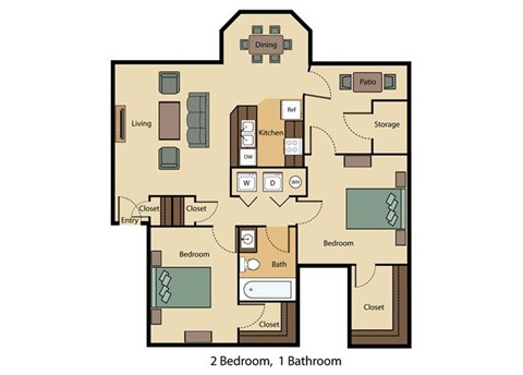 Floor plan for 2 beds, 1 bath, 948 sqft