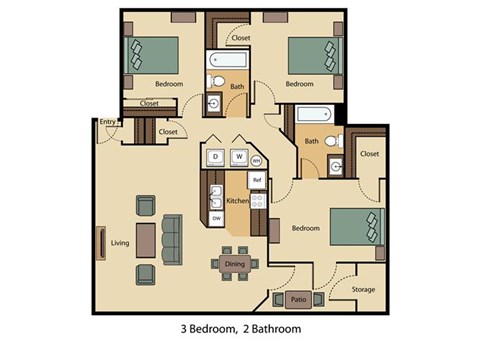 Floor plan for 3 beds, 2 baths, 1245 sqft