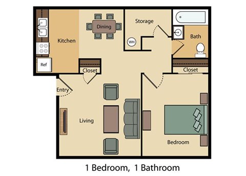 Floor plan for 1 bed, 1 bath, 750 sqft
