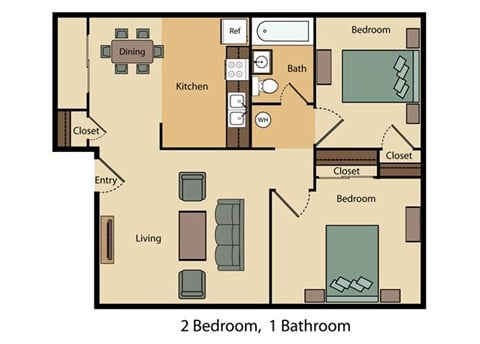 Floor plan for 2 beds, 1 bath, 1250 sqft