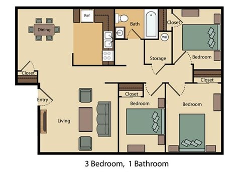 Floor plan for 3 beds, 1 bath, 1500 sqft