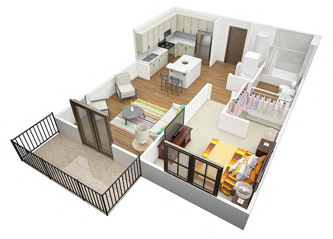 Floor plan for 1 bed, 1 bath, 684 sqft