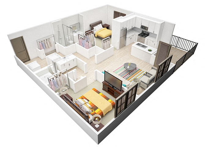 Floor plan for 2 beds, 2 baths, 1192 sqft