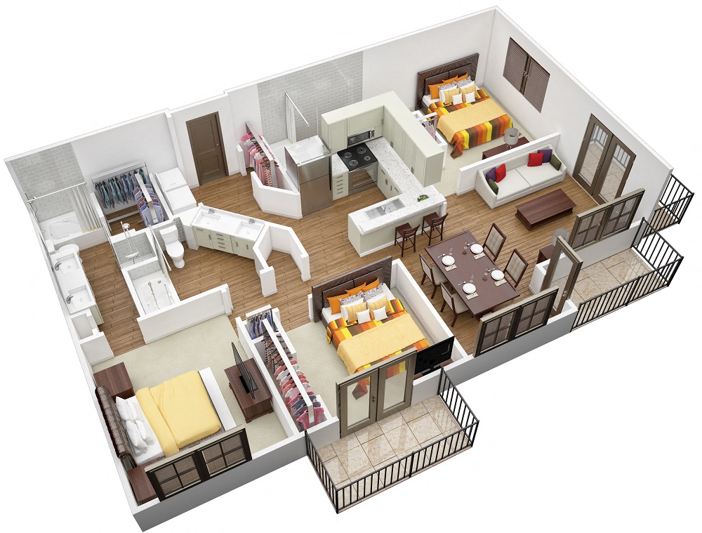 Floor plan for 3 beds, 3 baths, 1442 sqft