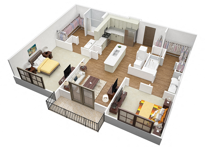 Floor plan for 2 beds, 2 baths, 1025 sqft