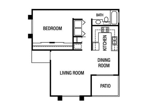 Floor plan for 1 bed, 1 bath, 728 sqft