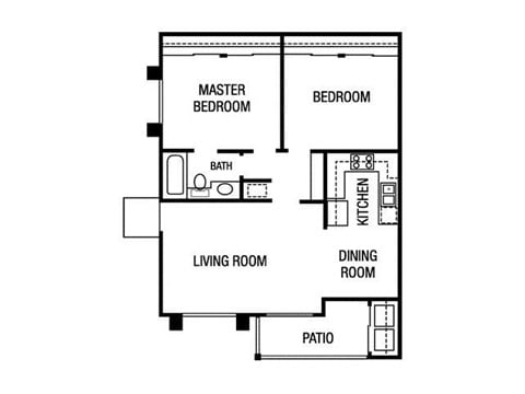 Floor plan for 2 beds, 1 bath, 851 sqft