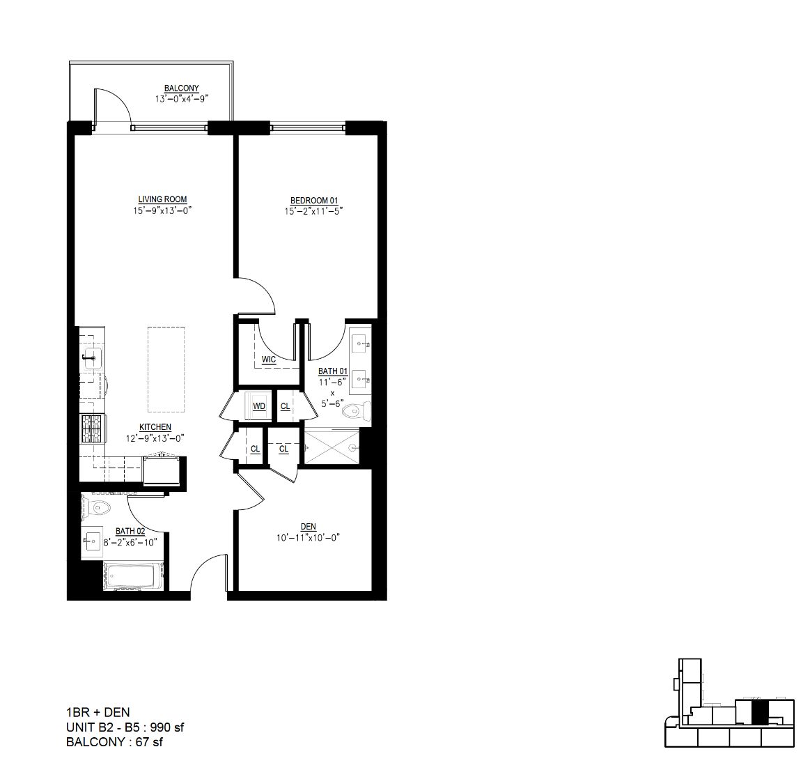 Floor plan for 2 beds, 2 baths, 990 sqft