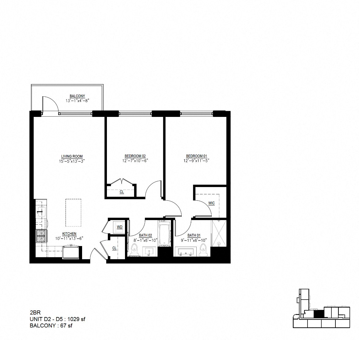 Floor plan for 2 beds, 2 baths, 1029 sqft