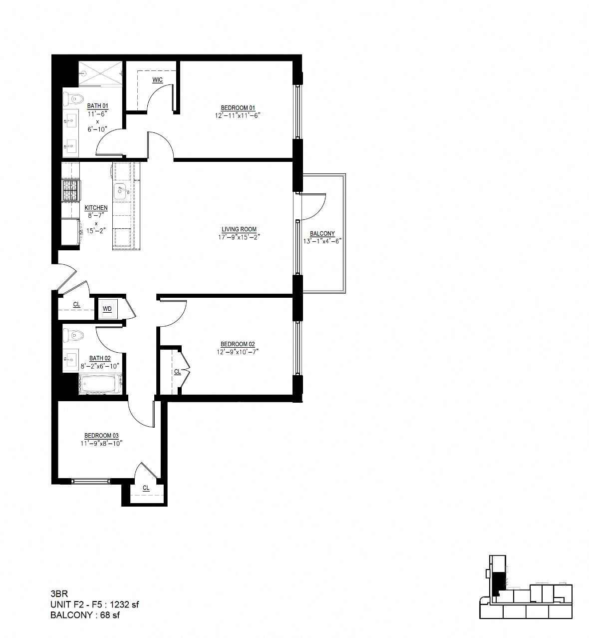 Floor plan for 3 beds, 2 baths, 1232 sqft