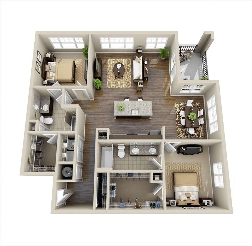 Floor plan for 2 beds, 2 baths, 1050 sqft