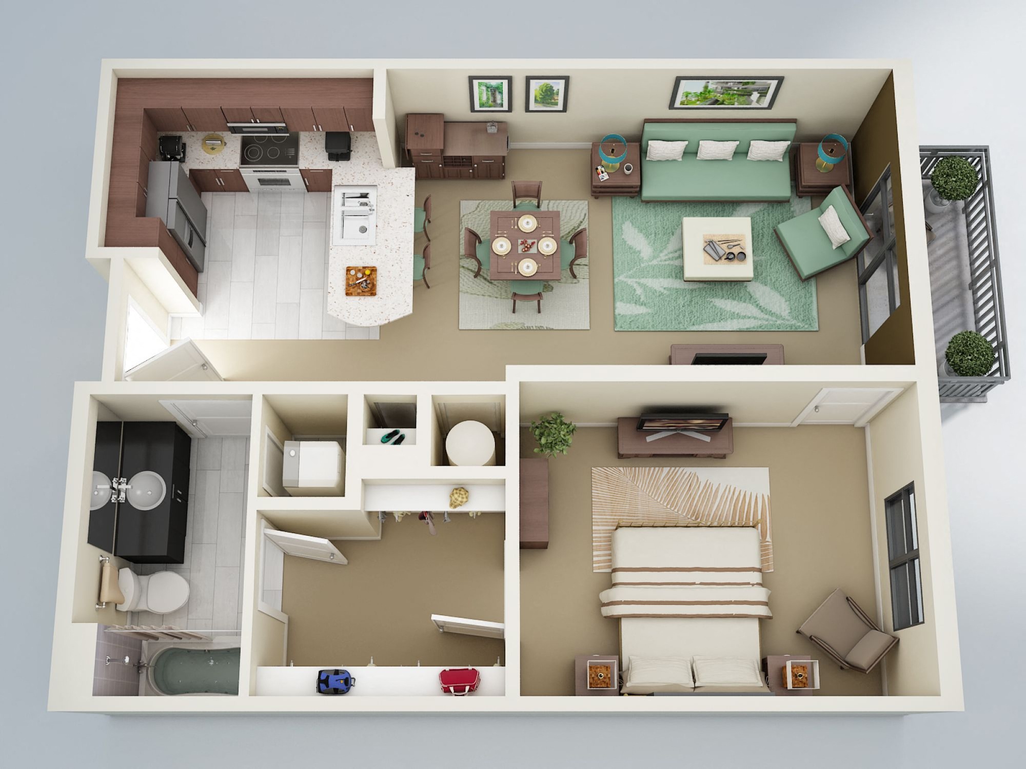 Floor plan for 1 bed, 1 bath, 1052 sqft